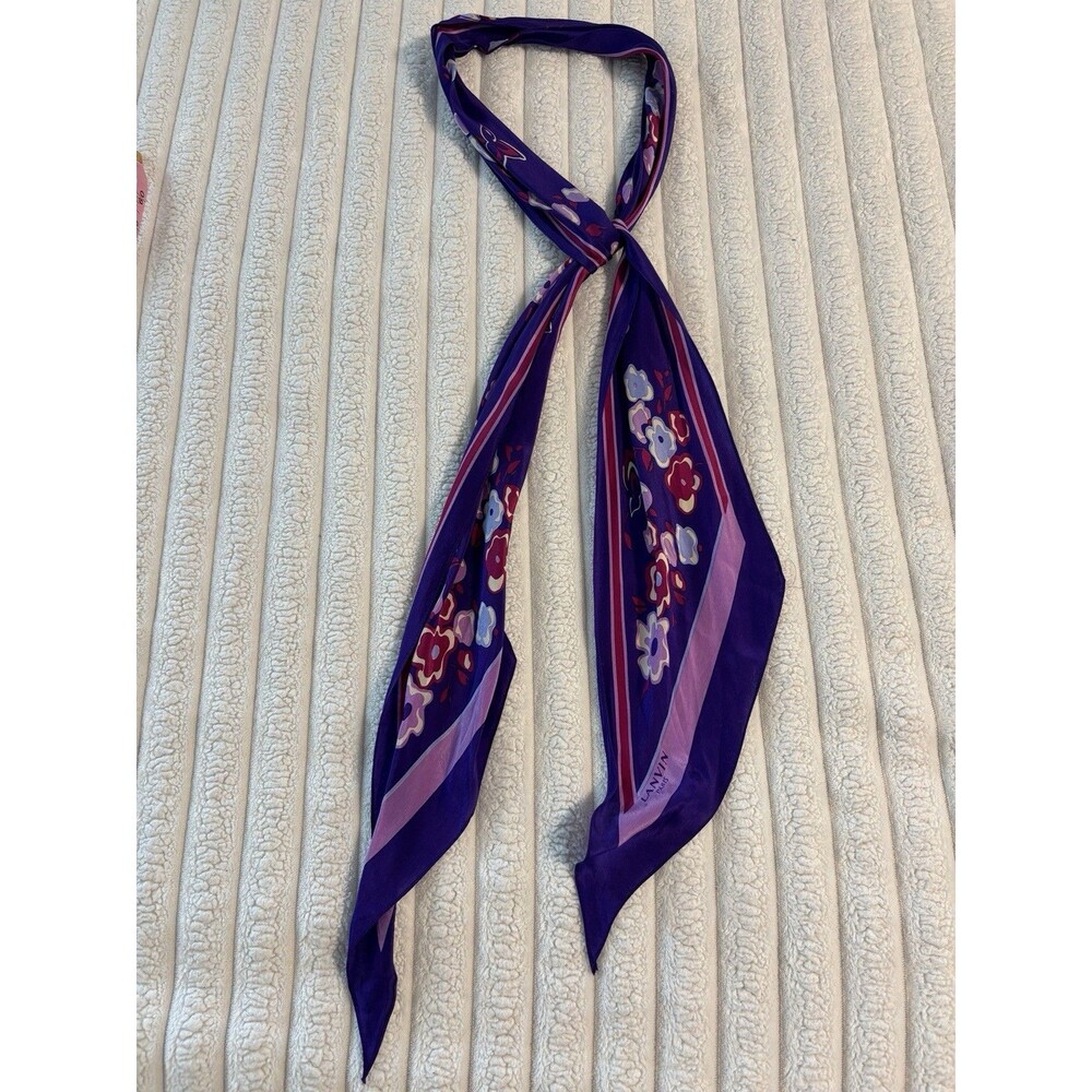 Lanvin Paris 100% silk slim neck hair waist tie scarf purple floral fall layer
